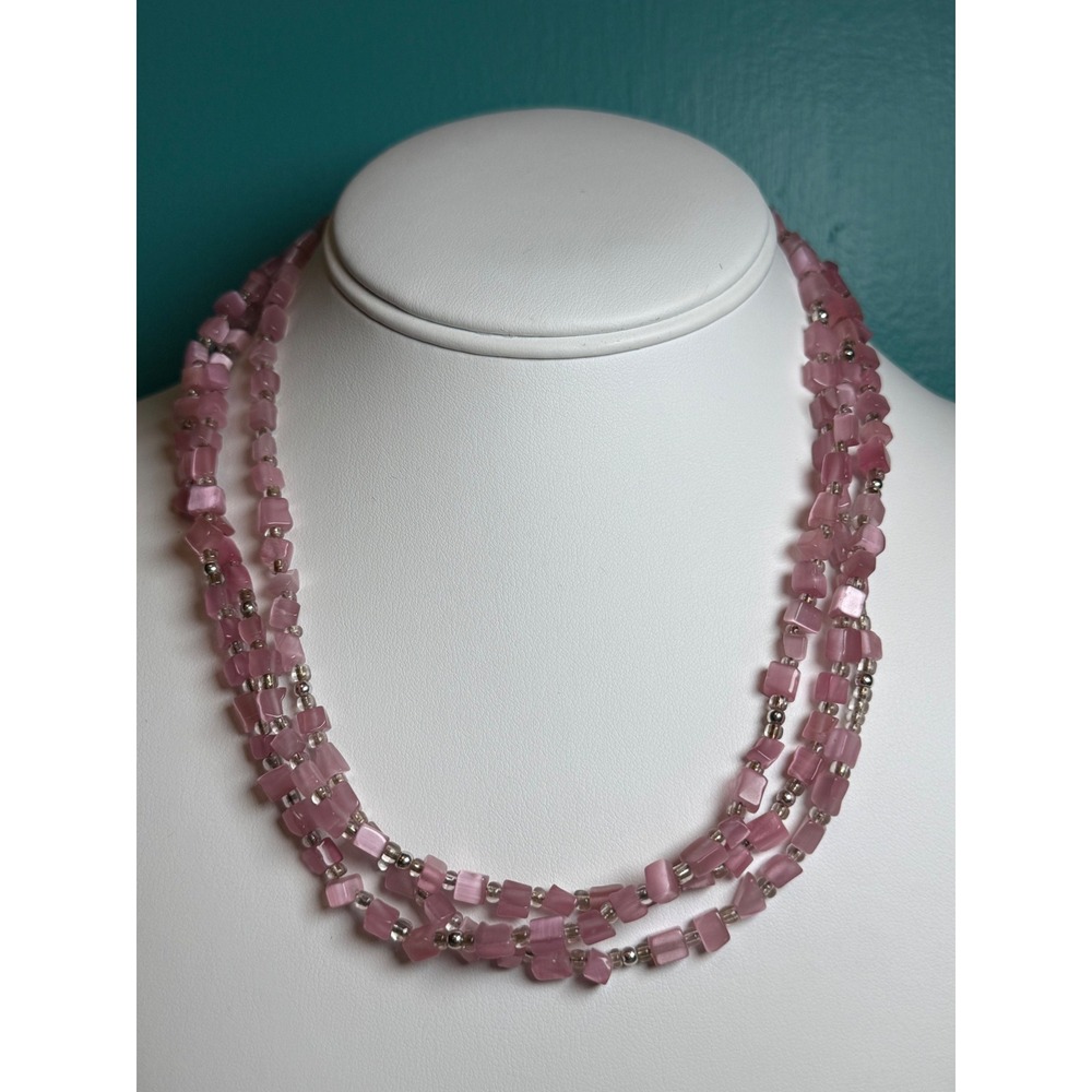 Premier Design Pink Cat Eye Fiber Optic Glass Triple Strand Beaded Necklace